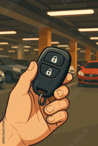 Hand holding car key remote in an underground parking garage. Vector illustration concept for vehicle security, wireless alarm, locking and unlocking access with a modern electronic fob.