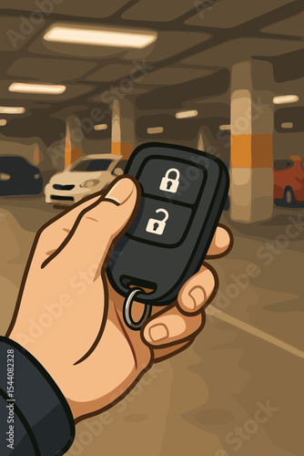 Hand holding a car remote key in an underground parking garage. Concept for vehicle security, alarm system, keyless entry, and modern automotive technology. Cartoon vector design.