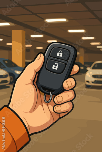 Close-up of a hand holding a car remote control key in an underground parking garage. Concept for car sharing, security, rental, keyless entry, and alarm system. Vector illustration.