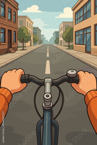 First person view of riding a bicycle on a city street. POV of a cyclist holding the handlebars. Urban commute, eco-friendly transport and healthy lifestyle concept. Vector illustration.