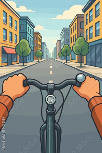 First person view of cycling in the city. Hands holding bicycle handlebars on an empty urban street. Concept of commute, adventure, eco-friendly transport, and healthy lifestyle.
