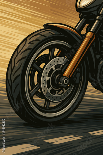 Close-up of a motorcycle wheel in fast motion on an asphalt road. Vector illustration of a dynamic motorbike with speed blur effect. Concept of racing, power, and adventure.