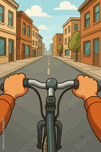 First person view of cycling on a city street. POV of hands on bicycle handlebars. Urban commuting journey concept. Cartoon vector illustration of a ride through an empty town.