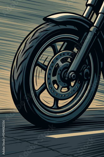 Close-up of a motorcycle wheel on an asphalt street with motion blur. Fast motorbike ride concept. Biker lifestyle, transport, and speed theme. Vector cartoon graphic illustration.