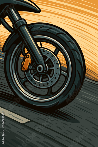 Close-up of a motorcycle wheel in motion on an asphalt road. Vector illustration of a fast bike with speed blur effect. Concept for transport, adventure, and motor sports poster.