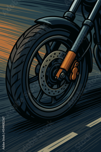 Motorcycle wheel in motion close-up on an asphalt road. Vector illustration of a fast motorbike riding on a highway. Concept of speed, freedom, racing, and biker culture.