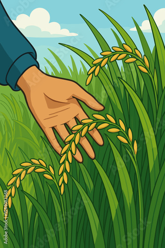 Farmer's hand gently touching golden rice grains in a lush paddy field. Concept of agriculture, harvest, organic farming, and food source. Vector cartoon rural landscape.