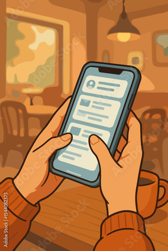 Close-up of hands holding a smartphone, checking messages and reading emails in a cozy coffee shop. Modern digital lifestyle and communication concept. Vector cartoon illustration.