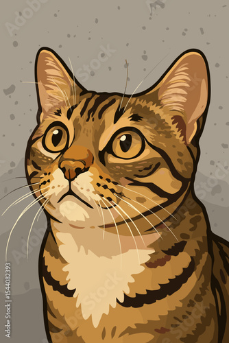 Detailed vector close-up portrait of a cute brown tabby cat looking up. Curious domestic shorthair kitten with big yellow eyes. Realistic cartoon feline pet illustration graphic.