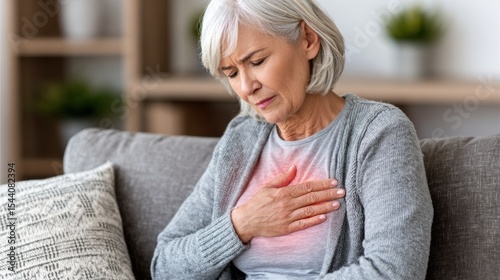 Elderly woman experiencing chest pain, holding hand on heart, concerned expression.