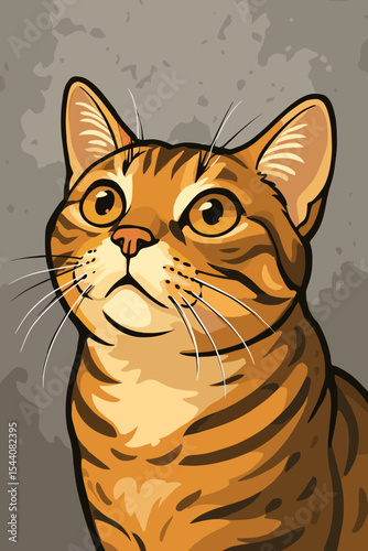 Close-up portrait of a cute ginger tabby cat looking up with wide, curious eyes. Adorable domestic pet kitten character. Vector cartoon illustration on a textured gray background.