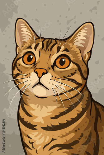 Close-up headshot of a beautiful striped tabby cat with big orange eyes. Vector cartoon illustration of a cute domestic pet kitten looking up against a gray grunge cement wall.