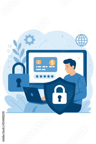 Cybersecurity concept for online banking and data protection. Man with laptop behind a shield for secure payment and financial information safety. Password privacy and internet security vector.