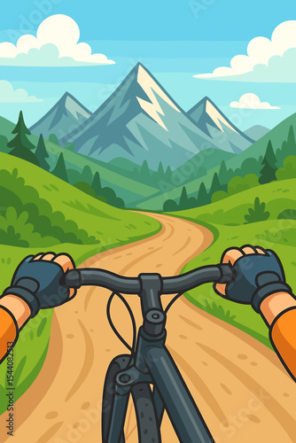 First person view of a cyclist riding a mountain bike on a scenic trail. POV of hands on handlebars. Outdoor adventure sport in a summer mountain landscape. Vector cartoon illustration.