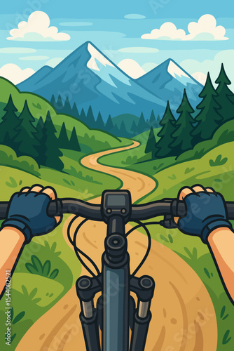 First person view of a cyclist riding a mountain bike on a scenic trail. POV hands on handlebars. Outdoor adventure concept in a beautiful mountain landscape. Vector illustration.