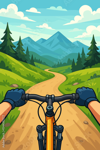 First person view (POV) of cyclist hands on bicycle handlebars. Mountain biking on a dirt road in a summer landscape. Outdoor adventure, sport, travel, and active lifestyle concept.