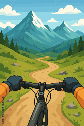 Mountain biking from a first-person perspective. Cyclist's hands on the handlebars riding along a dirt trail in a scenic mountain valley. Outdoor sport, adventure and travel concept.
