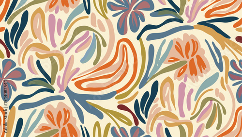 An abstract floral pattern with curved shapes and flowers in various colors on a cream background