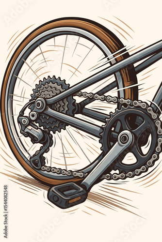 Detailed illustration of a bicycle drivetrain in motion. Vector close-up of a bike rear wheel, gears, cassette, derailleur, chain, and pedal. Concept for cycling, speed, and sport.