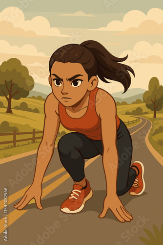 Determined female athlete at starting line on country road. Woman sprinter ready for race. Fitness, training, workout motivation concept. Healthy lifestyle cartoon vector.