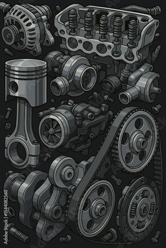 Set of disassembled car engine spare parts. Detailed monochrome vector illustration of mechanical components for automobile service. Includes piston, crankshaft, alternator, turbo, clutch.