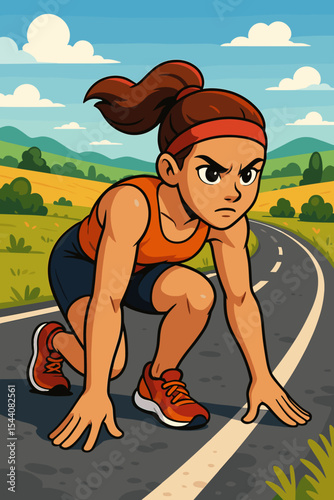 Determined female athlete in starting position, ready for a race. Focused woman runner training for a marathon or sprint on a scenic countryside road. Fitness and workout concept.