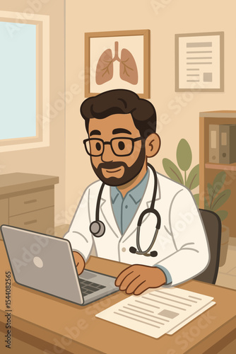 Male doctor working on laptop in medical office. Physician with stethoscope analyzing patient reports for diagnosis. Healthcare, medicine, telehealth, e-health concept. Vector cartoon.