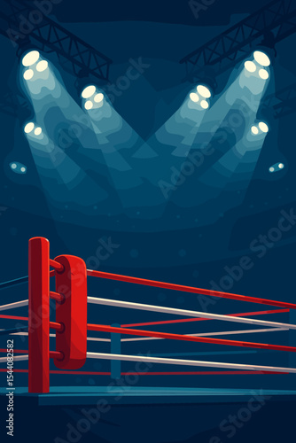 Empty boxing ring arena background with red corner under bright stadium spotlights. Scene for fight competition, wrestling, or mma combat sports. Professional match stage. Vector.