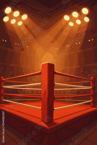 Boxing ring background. Empty fight arena with red corner under dramatic spotlights. Professional combat sport stage for competition, match, or championship. Vector illustration.