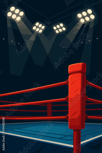 Boxing ring background with red corner and spotlights. Empty professional arena stage for fight, combat sport, competition or championship. Vector cartoon illustration concept.
