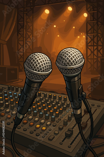 Two microphones on a soundboard mixing console, ready for a live concert. Vector illustration of a stage backstage with spotlights. Music show, podcast, or battle concept.