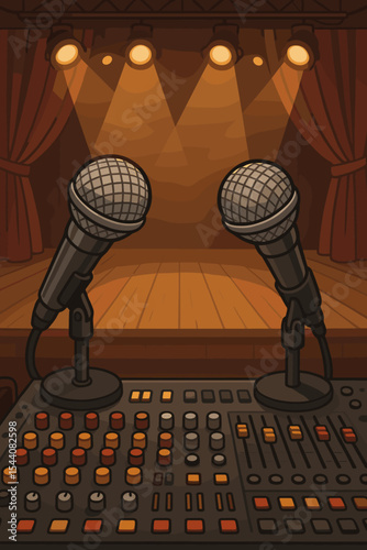 Two microphones on a sound mixing console overlooking an empty stage with spotlights. Concert, show, debate, or podcast concept. Vector illustration of audio equipment backstage.