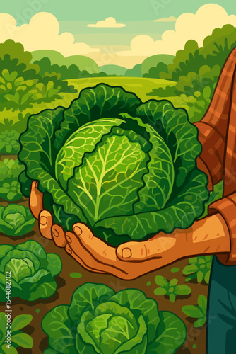 Farmer hands holding a fresh organic savoy cabbage harvest in a vegetable garden. Vector concept for agriculture, local farming, healthy food, cultivation, and farm-to-table.