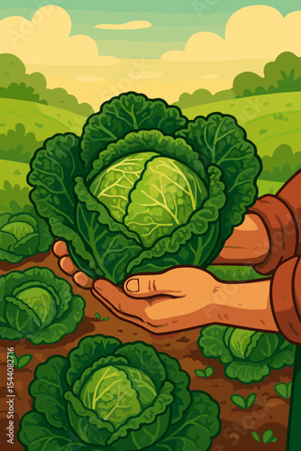 Farmer hands holding a fresh savoy cabbage in a vegetable garden. Vector cartoon illustration of organic farming and harvest season. Healthy food from local agriculture production.