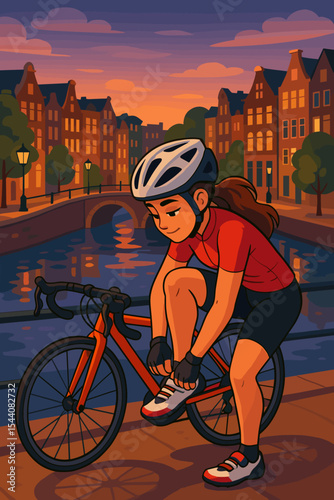 Female cyclist tying shoelaces, taking a break with her road bike by a canal in Amsterdam at sunset. Healthy active lifestyle, urban mobility and fitness concept. Vector illustration.