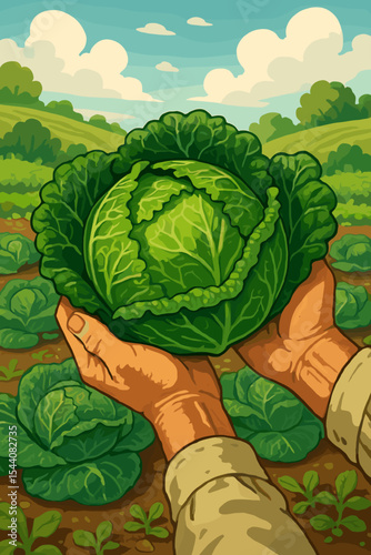 Farmer hands holding a fresh savoy cabbage. Harvest season in a vegetable garden. Organic farming and agriculture concept. Healthy food from a local farm. Vector cartoon illustration.