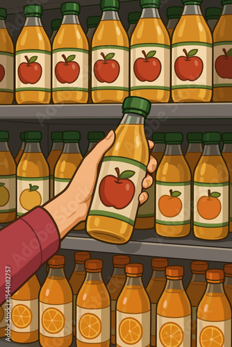 Female hand choosing apple juice bottle from a supermarket shelf. Customer buying healthy fresh fruit drink in a grocery store. Consumer choice and retail concept vector cartoon.