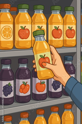Woman's hand choosing a bottle of apple juice from a supermarket shelf. Grocery shopping concept for healthy lifestyle. Vector cartoon illustration of a customer selecting a drink.