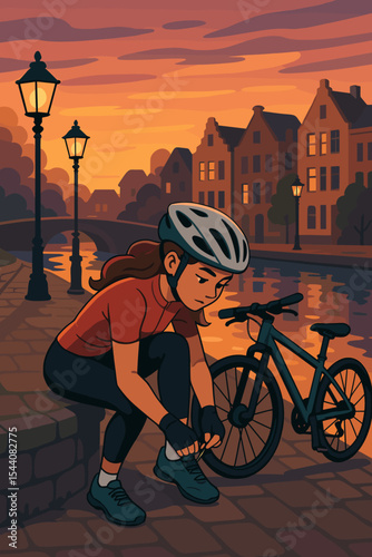 Female cyclist pausing her bike ride to tie a shoelace on a cobblestone street by a canal. Active woman in helmet taking a break at sunset in a scenic European city like Amsterdam.