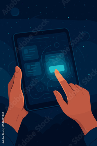 Woman's hands holding and using a digital tablet at night. Person touching the glowing screen, browsing internet, using a mobile application. UI UX design and technology concept.