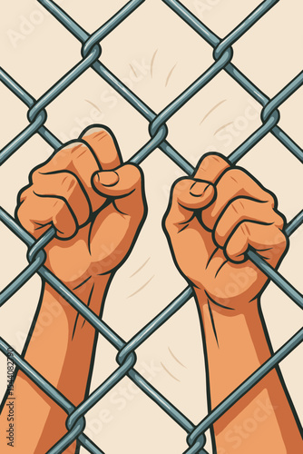 Hands gripping a chain link fence as a metaphor for prison and confinement. Vector illustration of a struggle for freedom, hope, and human rights. Symbol of determination and protest.