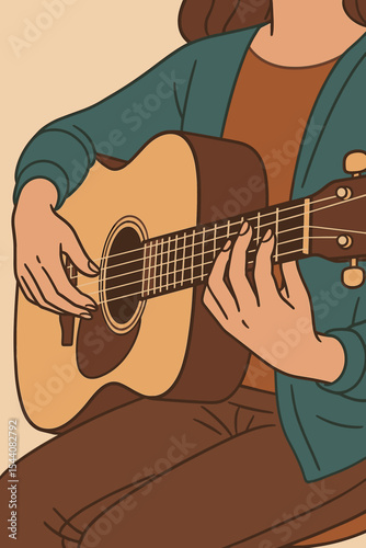 Woman playing acoustic guitar, close-up vector illustration. Female hands practicing chords on the fretboard. Concept of music hobby, learning, leisure, creative lifestyle.