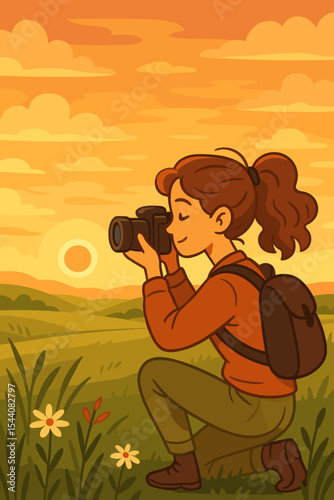 Woman photographer taking a photo of a beautiful sunset landscape. Female traveler with camera and backpack enjoying an outdoor hobby. Nature photography passion concept. Vector art.