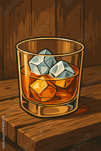 Glass of whiskey with ice cubes on a rustic wooden table. Vector cartoon illustration of a strong alcoholic beverage. Bourbon or scotch on the rocks concept for a bar menu.