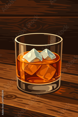 Whiskey on the rocks in a tumbler glass on a rustic wooden table. Vector cartoon illustration of a strong alcoholic drink like bourbon or scotch. Bar, pub, and spirits concept.