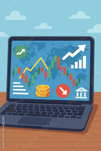Financial trading platform on a laptop screen with global stock market data. Investment analysis concept with candlestick chart, graphs, and icons. Business finance and economy vector.