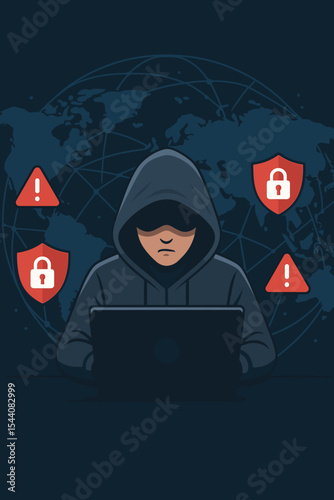 Hacker in a hoodie with a laptop. Cybersecurity concept of a global network attack, security breach, and data theft. Anonymous criminal, cybercrime, virus, and malware threat.