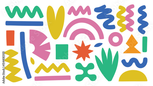 Colorful abstract shapes composition featuring geometric and organic forms scattered on a white background