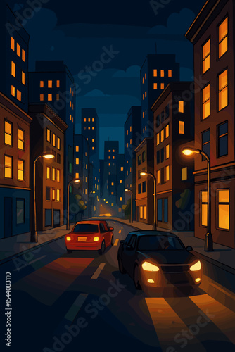 Illuminated city street at night with car headlights and taillights creating a warm glow. Dark urban cityscape with tall buildings and streetlights. Vector cartoon illustration.
