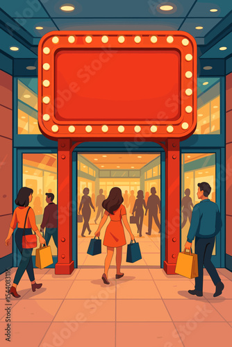 Shopping mall entrance with a crowd of people carrying bags. Blank illuminated marquee sign for custom text. Vector cartoon illustration for retail promotion or advertisement.